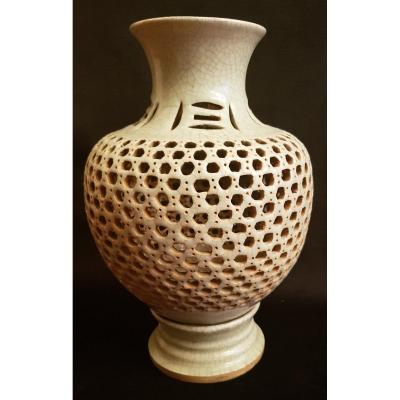Celadon Green Openwork And Crackle Ceramic Vase - China