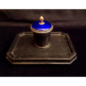 Enamelled Vermeil Inkwell On Black Leather Tray