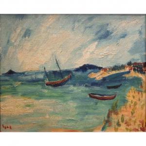Claude Lesur - Huile sur toile - Bateau dans la vague