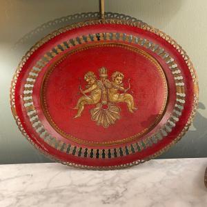 Oval Tray In Painted Sheet Metal With Angel Decor