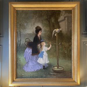 Young Woman And Her Daughter With A Cockatoo By Emile Gambogi Dated 1875