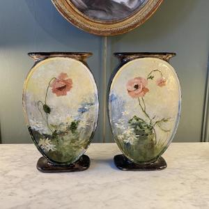 Pair Of Earthenware Vases From Montigny-sur-loing, Signed Artigue