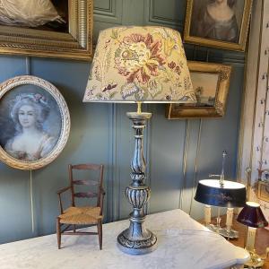 Silver Patinated Wooden Lamp, Height 78 Cm