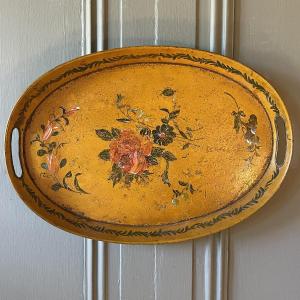 Oval Tray In Painted Sheet Metal, 19th Century, 39 Cm X 26.5 Cm