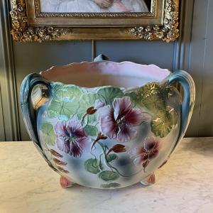 Important Saint Clément Earthenware Planter, Slip, Nasturtiums