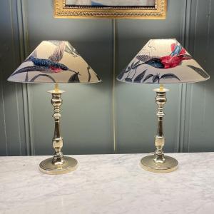Pair Of Bronze Lamps, Height 43.5 Cm