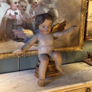 Angel, Putto In Polychrome Carved Wood, 18th Century