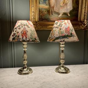 Pair Of Bronze Lamps, Height 34 Cm