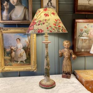 Large Polychrome Painted Wooden Lamp, Height 74.5 Cm