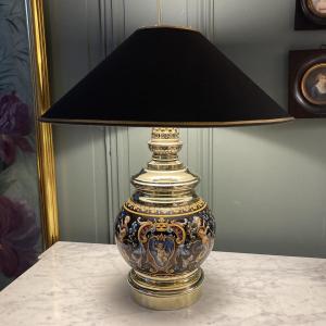 Gien Earthenware Lamp With Renaissance Decoration, Height 44 Cm