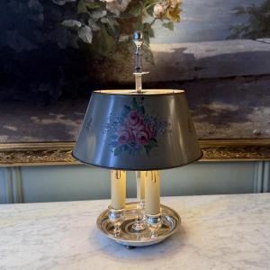 Painted Sheet Metal Bouillotte Lamp With Floral Decoration, Height 37.5 Cm