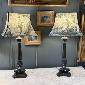 Large Pair Of Patinated Brass Lamps, 61 Cm High