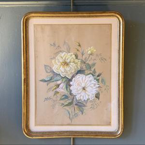 Bouquet Of Old Roses, 19th Century, Gouache & Pastel