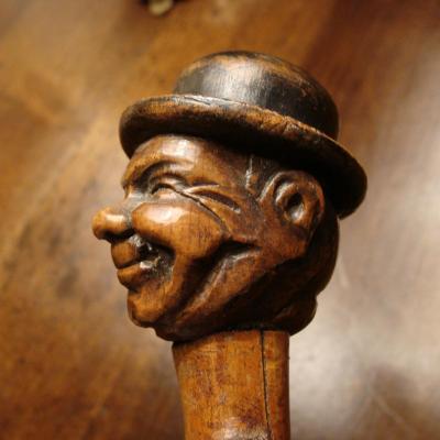 Ancient Cane, Head Of A Man In Sculpted Wooden Hat
