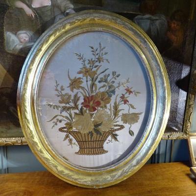 Embroidery On Silk, Bouquet Of Flowers In Medallion