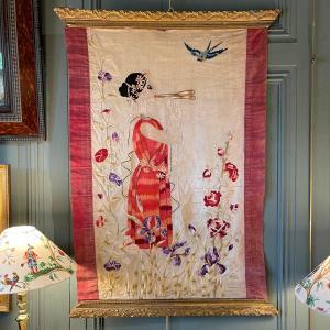 Young Woman With A Flute, Art Deco Embroidery