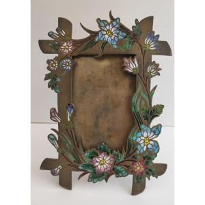 Old Bronze Photo Frame Enamel Flowers Rabbet 9 Cm X 6 Cm 