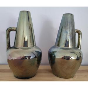 Alphonse Cytere Pair Of Art Nouveau Rambervillers Stoneware Pitchers Vases
