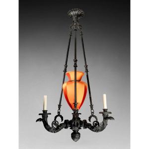 Antique Chandelier With Four Lights In Patinated Bronze, Restoration Period, Circa 1830
