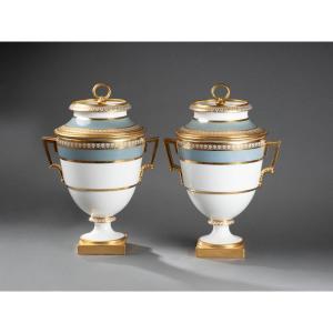 Manufacture Dihl Et Guérhard, Pair Of Coolers In White, Blue And Gold Porcelain.