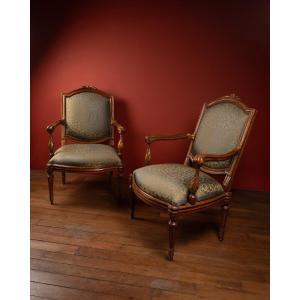 Fauteuils Génois En Noyer Sculpté, Teinté Et Doré, Ca. 1770