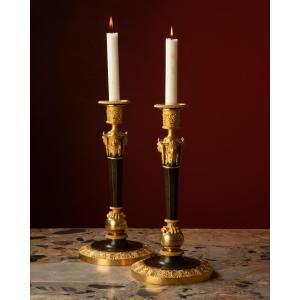 Pair Of “claw-foot” Candlesticks With Antique Masks, Attributed To Claude Galle