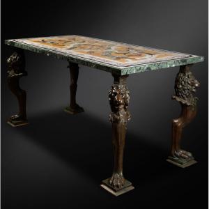 A Polychrome Marble Intarsia Table With Bronze Trapezophoroi