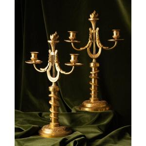 A Pair Of Candlesticks With Gilt Serpents And Lyres