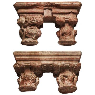 Pair Of Geminate Capitals In Languedoc Marble, 15th Century