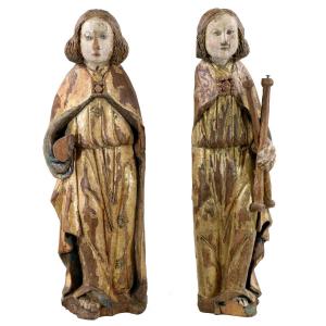 Pair Of Gilt And Polychrome Wood Angels Circa 1500