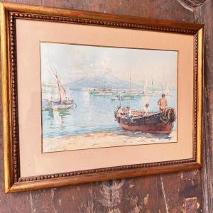 Watercolor, View Of Naples, Gilbert Challand (1870-1950)