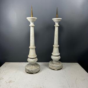 Pair Of Gothic Style Carrara Marble Candlesticks