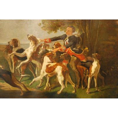 Tableau Scène De Chasse à Courre 19ème Siècle