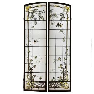 Pair Of Stained Glass Windows With Wisteria, Trumpet Berries, Honeysuckle And Tits