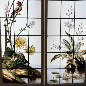 Pair Of Stained Glass Windows With Hoopoes