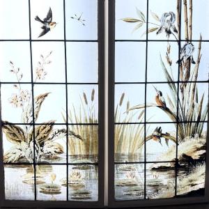 Pair Of Stained Glass Windows With Kingfishers