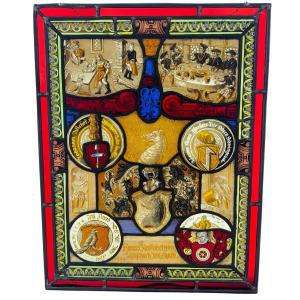 Stained Glass Window With Coats Of Arms (h54cm W42cm)