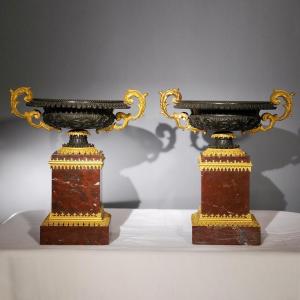 Pair Of Casseroles In Griotte Red Marble And Gilt Bronze