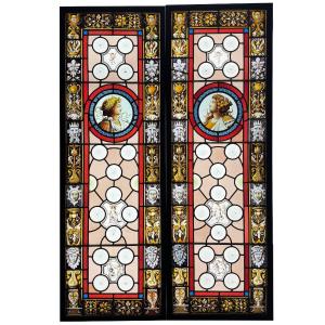 Stained Glass Window With Profiles (h165cm L111cm) Signed Henri Coulier