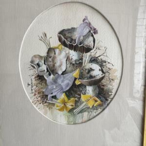 Botanical Watercolor With Mushrooms And Yellow Flowers
