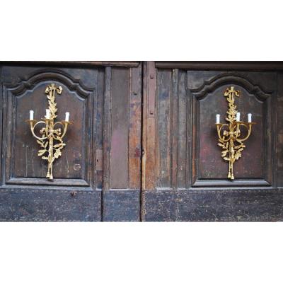 Pair Of Gilt Bronze Sconces Hunting Horns