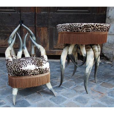 Pedestal And Armchair In Bovine Horns