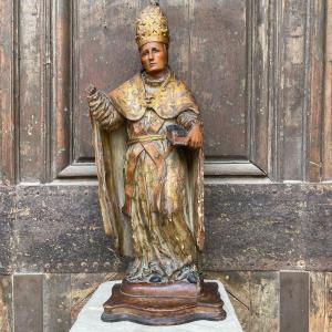 Bishop Statue In Painted And Gilded Wood
