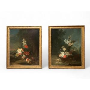  Pair Of Oils On Canvas - Floral Compositions In A Landscape In The Style Of Oudry