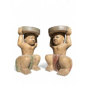 Pair Of 19th-century Chinese-style Stools In Carved And Polychrome Wood