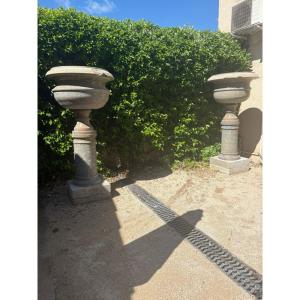 Large Pair Of Marble Garden Basins On Columns