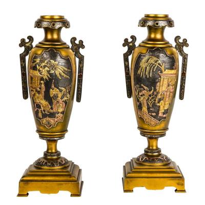 A Pair Of Japanese Bronze Vases