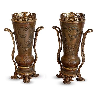 A Pair Of Bronze Vases In A Japanese-inspired Style