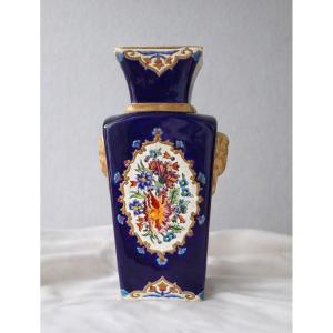 Longwy Enamel Vase With Floral Decoration And Elephant Head