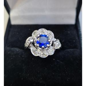Art Deco Ring In White Gold  Saphire And Diamonds
